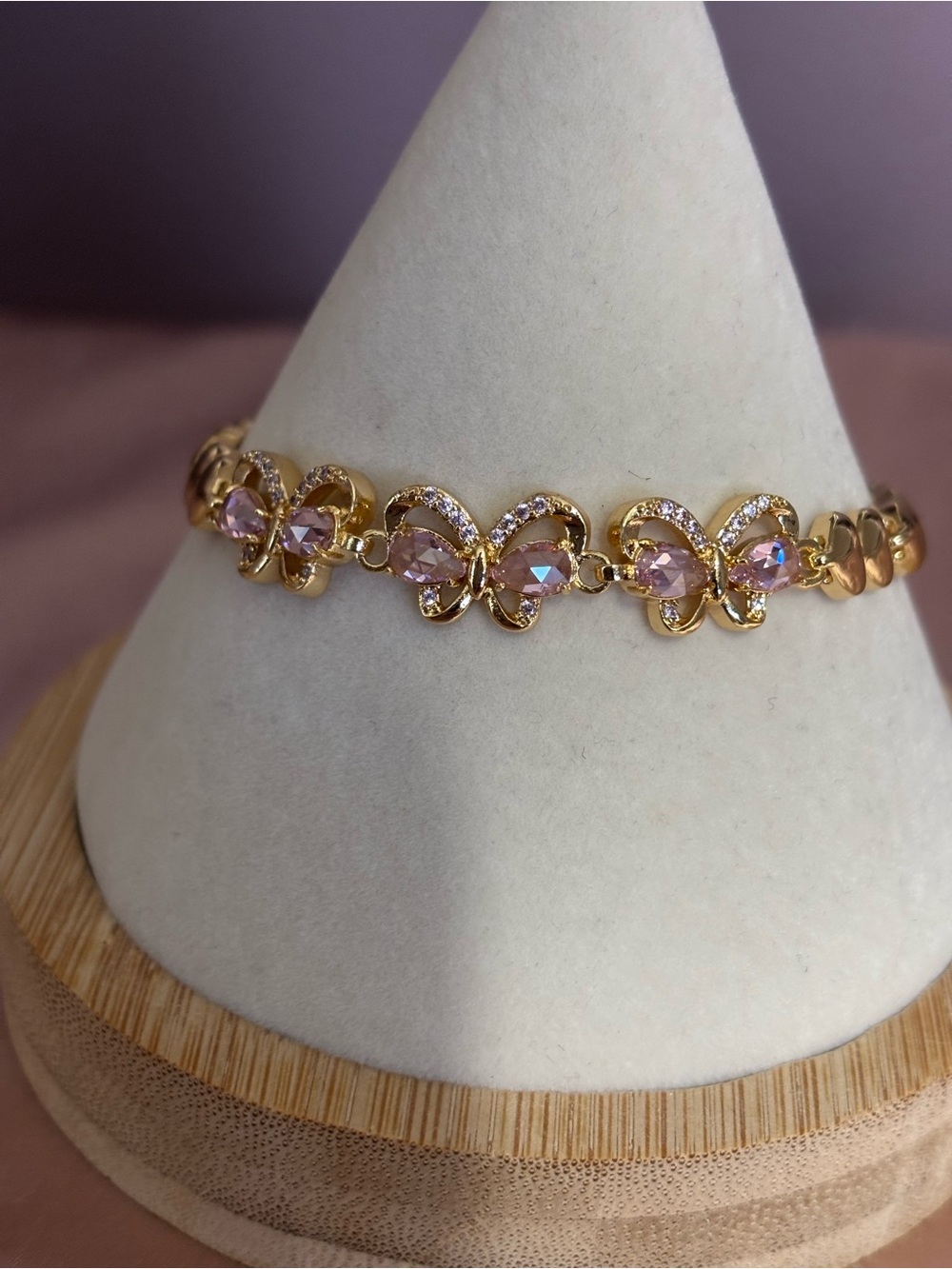 Gold-Tone Pink Crystal Butterfly Bracelet